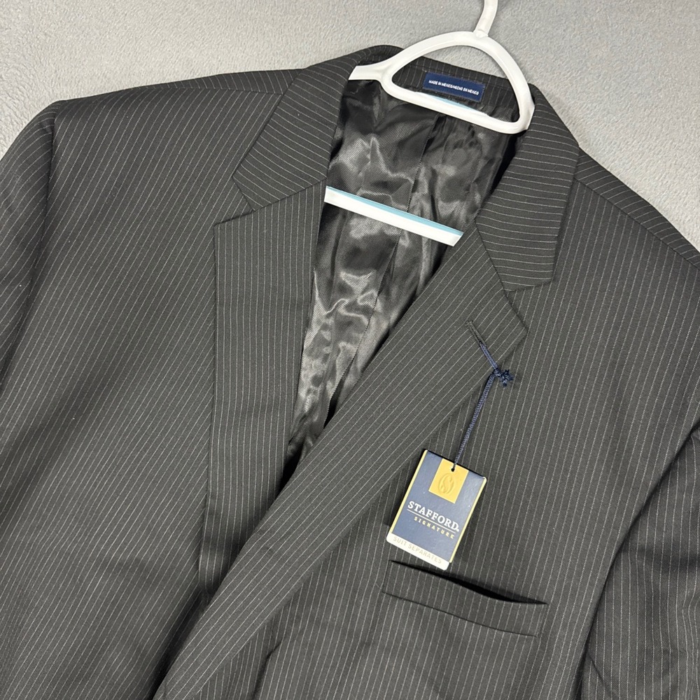 Stafford Suit Jacket Mens 54R Black Pinstripe Portly Fit 100% Wool Blazer NWT